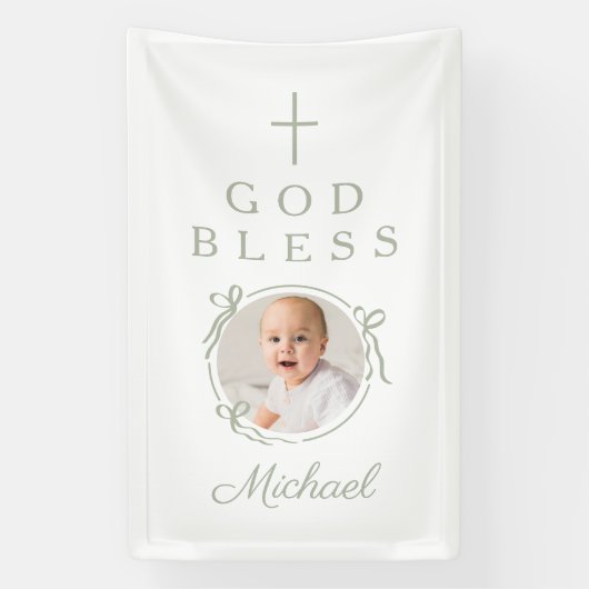 Elegant Sage Green Boy God Bless Photo Spandoek (Verticaal)