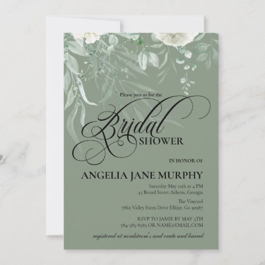 Elegant Sage Green Bridal Shower Invitation Kaart (Voorkant)