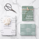 Elegant Sage Green Bride Vrijgezellenfeest Inpakpapier Vel<br><div class="desc">Eenvoudig, saliegroen, elegant, Vrijgezellenfeesten inpakpapier. Modern, bruid om papier te verpakken. U kunt het personaliseren met uw naam en datum.</div>