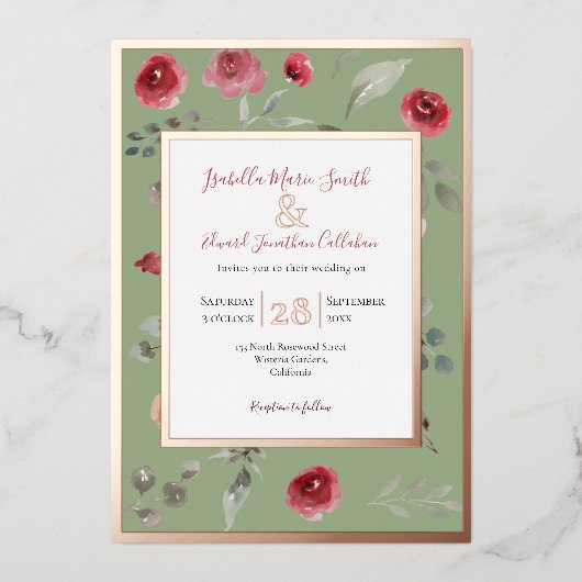 Elegant Sage Green Burgundy Roos Roos Gold Folie Uitnodiging (Voorkant)