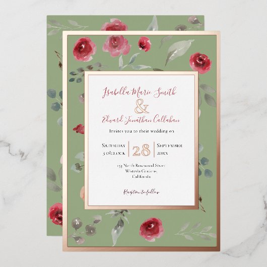 Elegant Sage Green Burgundy Roos Roos Gold Folie Uitnodiging (Voorkant / Achterkant)
