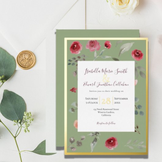 Elegant Sage Green Burgundy Rozen Gold Foil Invita Folie Uitnodiging