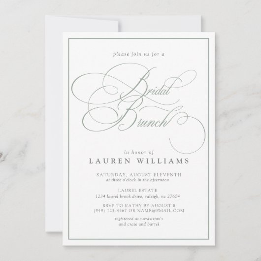 Elegant Sage Green Calligraphy Bridal Brunch Kaart (Voorkant)
