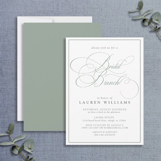 Elegant Sage Green Calligraphy Bridal Brunch Kaart