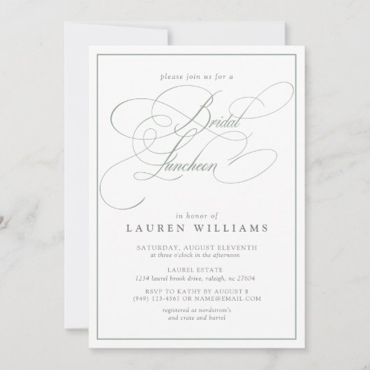Elegant Sage Green Calligraphy Bridal Luncheon Kaart (Voorkant)