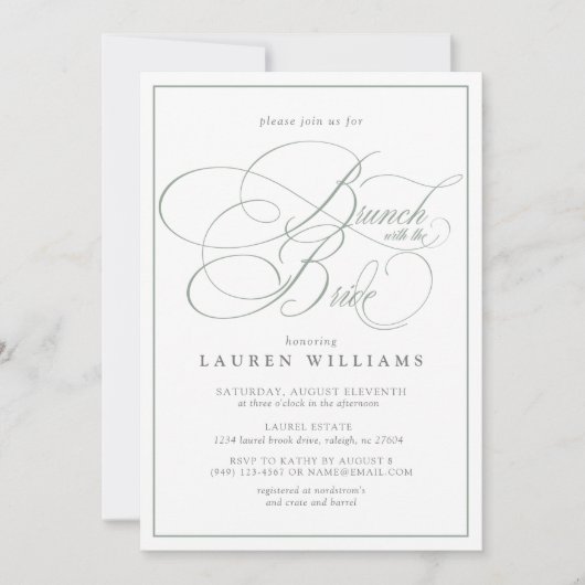 Elegant Sage Green Calligraphy Brunch met Bride Kaart (Voorkant)