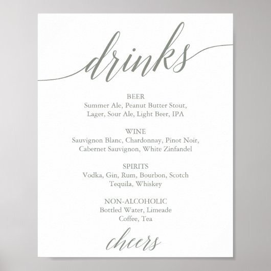 Elegant Sage Green Calligraphy Drink Menu Sign Poster (Voorkant)