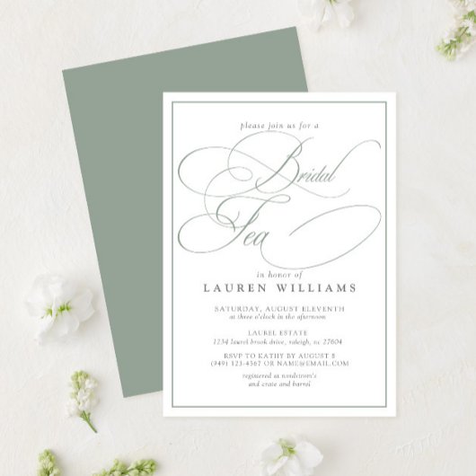 Elegant Sage Green Calligraphy Formal Bridal Tea Kaart