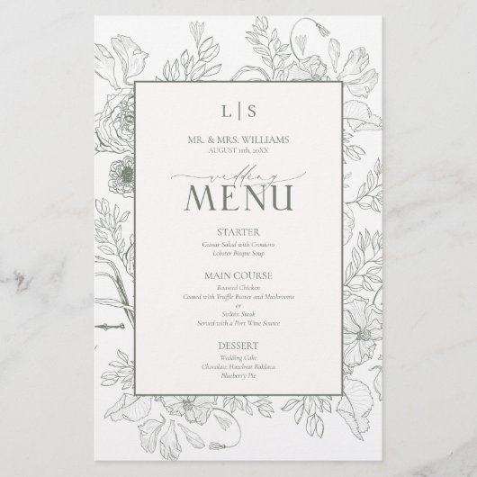 Elegant Sage Green Calligraphy Monogram Menu Card (Voorkant)