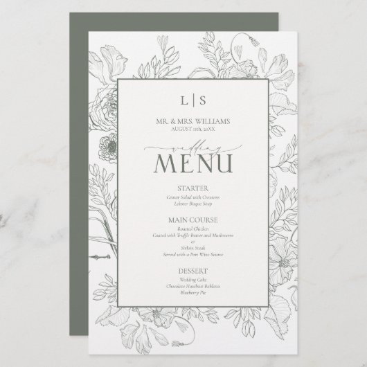 Elegant Sage Green Calligraphy Monogram Menu Card (Voorkant / Achterkant)