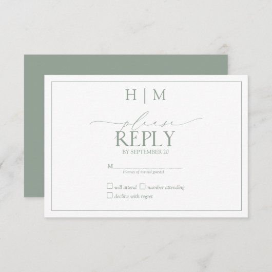 Elegant Sage Green Calligraphy Monogram RSVP (Voorkant / Achterkant)