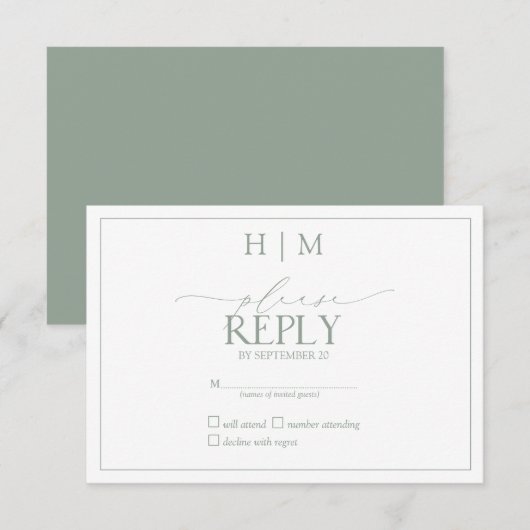 Elegant Sage Green Calligraphy Monogram RSVP Kaartje (Voorkant / Achterkant)