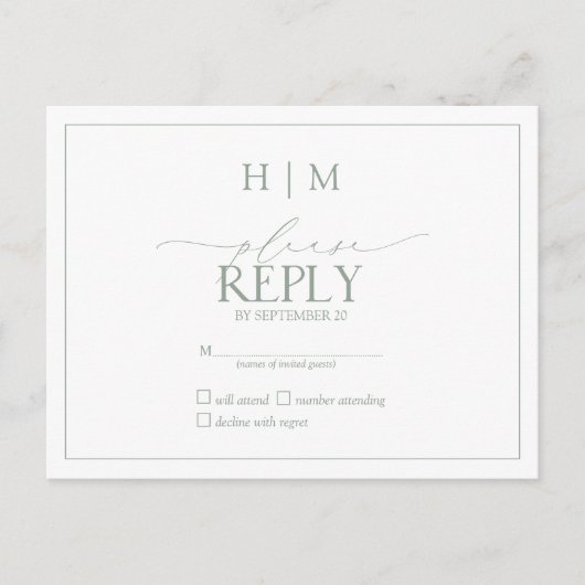 Elegant Sage Green Calligraphy Monogram RSVP Uitnodiging Briefkaart (Voorkant)