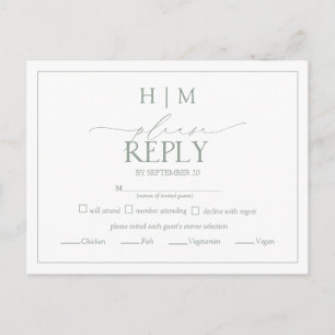 Elegant Sage Green Calligraphy Monogram RSVP Uitnodiging Briefkaart