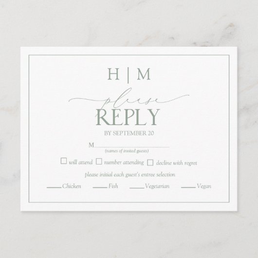 Elegant Sage Green Calligraphy Monogram RSVP Uitnodiging Briefkaart (Voorkant)