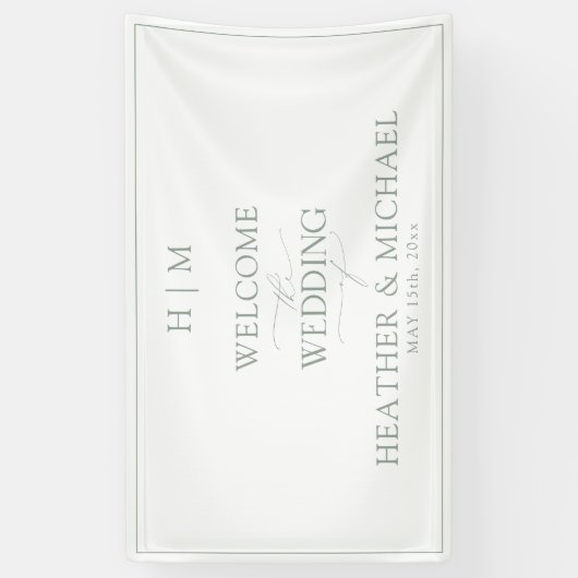 Elegant Sage Green Calligraphy Monogram Spandoek (Verticaal)