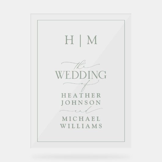 Elegant Sage Green Calligraphy Monogram Wedding Acryl Bord (Voorkant)
