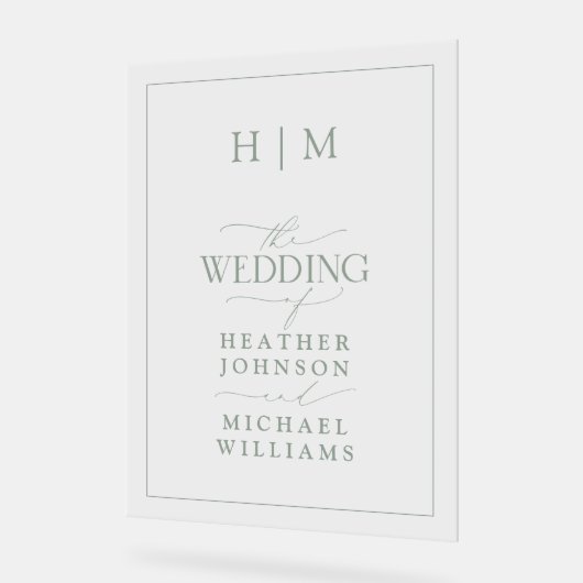 Elegant Sage Green Calligraphy Monogram Wedding Acryl Bord (Hoek)
