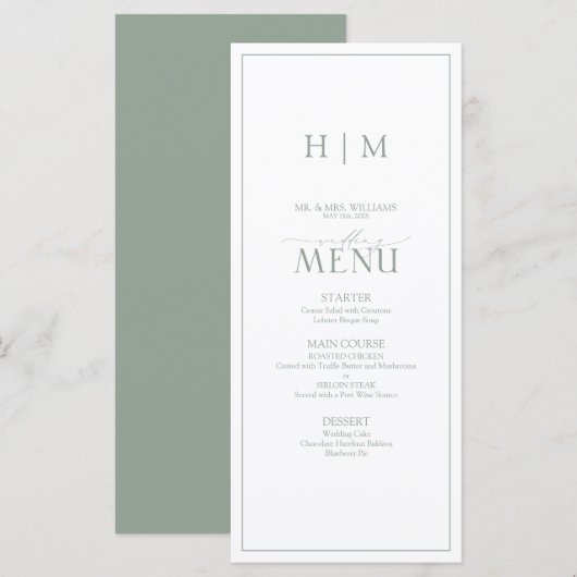 Elegant Sage Green Calligraphy Monogram Wedding Menu (Voorkant / Achterkant)