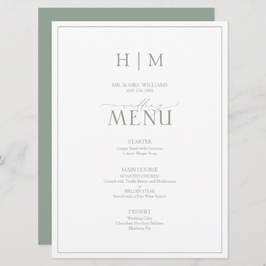 Elegant Sage Green Calligraphy Monogram Wedding Menu (Voorkant / Achterkant)