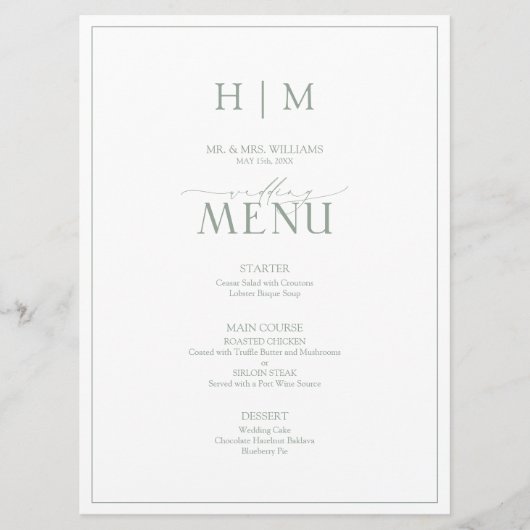 Elegant Sage Green Calligraphy Monogram Wedding Menu (Voorkant)