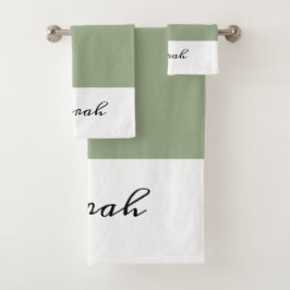 Elegant Sage Green Calligraphy Name Bath Towel Set Bad Handdoek
