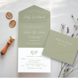 Elegant Sage Green Calligraphy Wedding All In One Uitnodiging