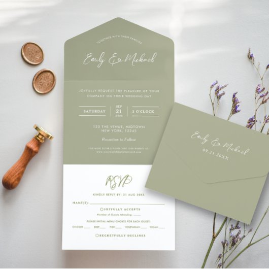 Elegant Sage Green Calligraphy Wedding All In One Uitnodiging