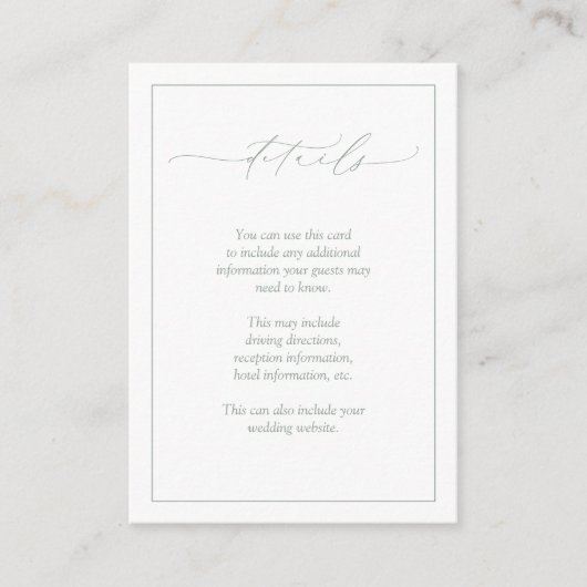 Elegant Sage Green Calligraphy Wedding Details Informatiekaartje (Voorkant)
