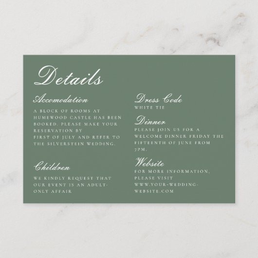 Elegant Sage Green Calligraphy Wedding Details Informatiekaartje (Voorkant)
