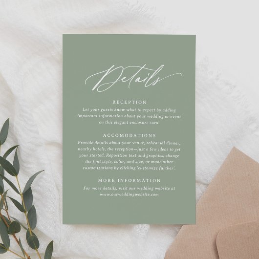 Elegant Sage Green Calligraphy Wedding Details RSVP Kaartje
