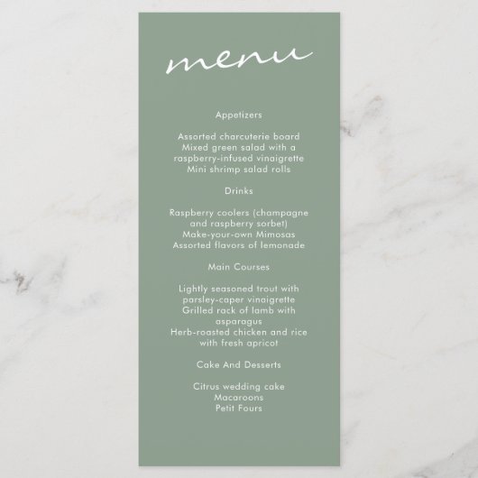 Elegant Sage Green Calligraphy Wedding Menu (Voorkant)