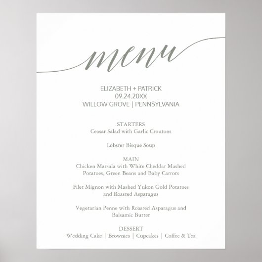 Elegant Sage Green Calligraphy Wedding Menu Sign Poster (Voorkant)