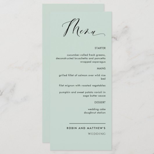 Elegant Sage Green Calligraphy Wedding / Reception Menu (Voorkant / Achterkant)