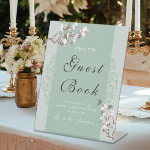 Elegant Sage Green Chinoiserie Foto Guestbook Reclamebord Met Voetstuk