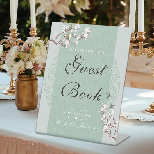 Elegant Sage Green Chinoiserie Guestbook Reclamebord Met Voetstuk