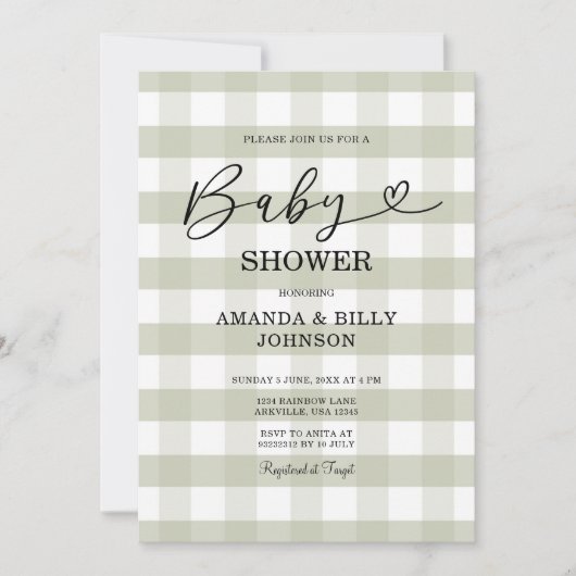 Elegant Sage Green Classic Gingham Baby shower Kaart (Voorkant)
