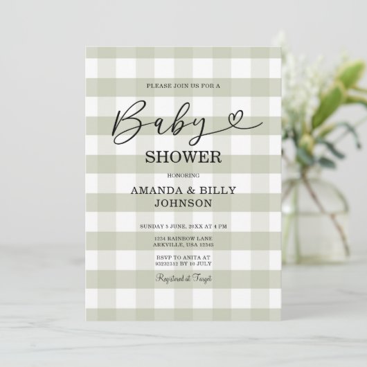 Elegant Sage Green Classic Gingham Baby shower Kaart (Staand voorkant)