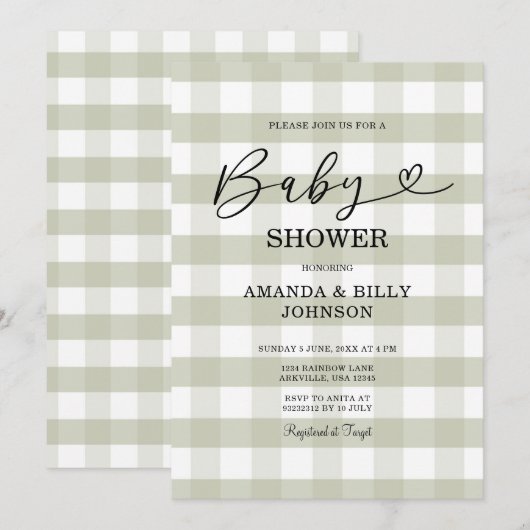Elegant Sage Green Classic Gingham Baby shower Kaart (Voorkant / Achterkant)
