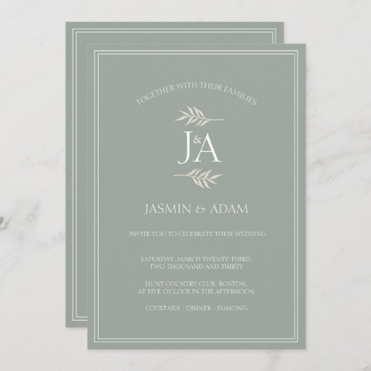 Elegant Sage Green Classic Initialen Bruiloft Kaart (Voorkant / Achterkant)