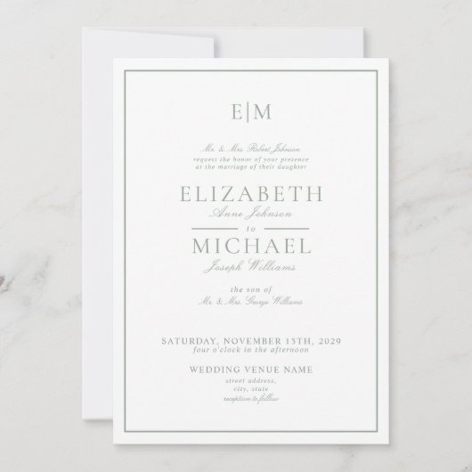 Elegant Sage Green Classic Script Monogram Weddens Kaart (Voorkant)