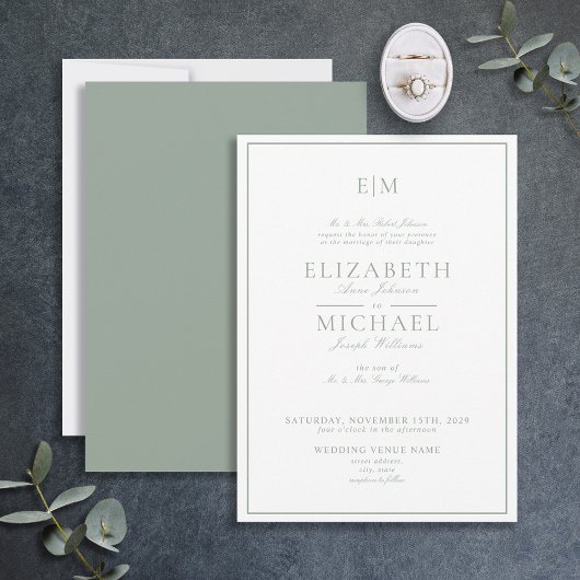 Elegant Sage Green Classic Script Monogram Weddens Kaart