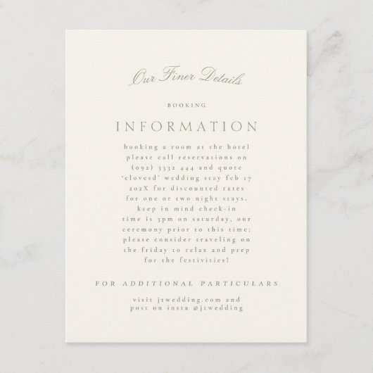 Elegant Sage Green Cream Script Formele de bruilof Informatiekaartje (Voorkant)