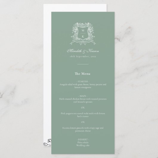 Elegant Sage Green  Crest Dank je bruiloft Menu (Voorkant / Achterkant)
