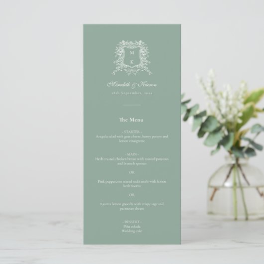 Elegant Sage Green  Crest Dank je bruiloft Menu (Staand voorkant)