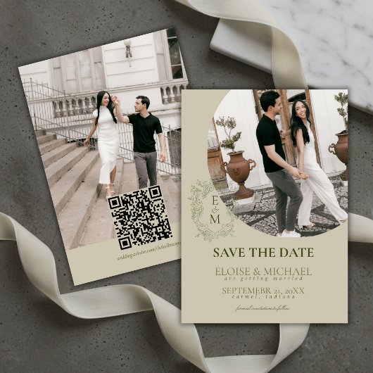Elegant Sage Green Crest Monogram Save The Date  Kaart