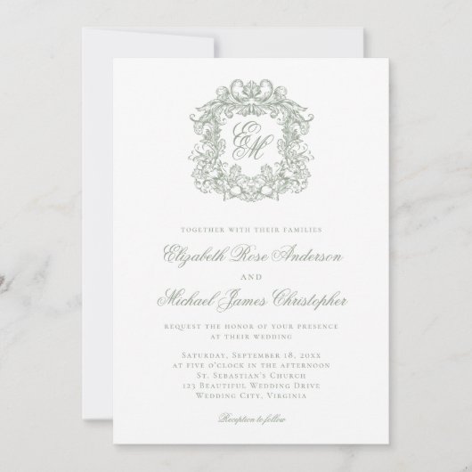 Elegant Sage Green Crest Monogram Wedding Kaart (Voorkant)