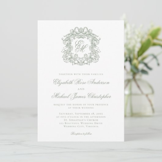 Elegant Sage Green Crest Monogram Wedding Kaart (Staand voorkant)