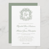 Elegant Sage Green Crest Monogram Wedding Kaart (Voorkant / Achterkant)