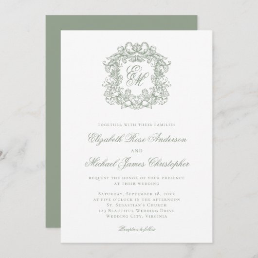 Elegant Sage Green Crest Monogram Wedding Kaart (Voorkant / Achterkant)